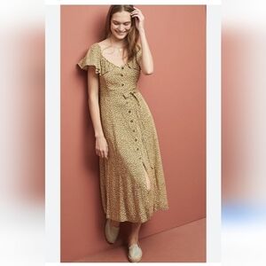 Anthropologie cream Bolano midi ruffled cheetah dress